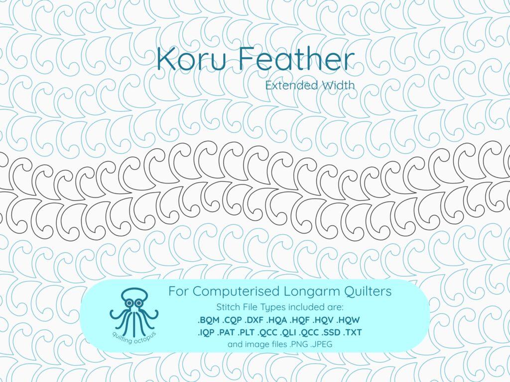 Digital longarm quilting pantograph featuring koru and fern inspired feather swirls in an extended width edge-to-edge design