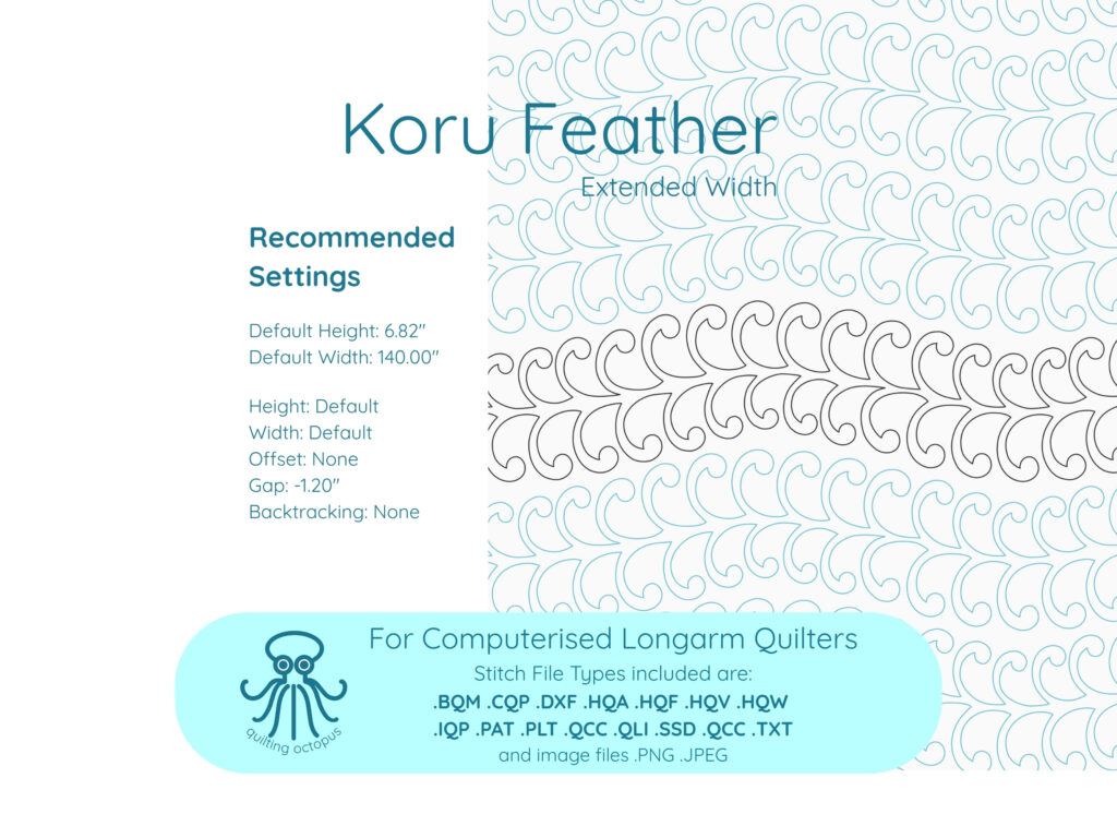 Information sheet for digital longarm quilting pantograph with koru feather swirls in an extended width edge-to-edge design
