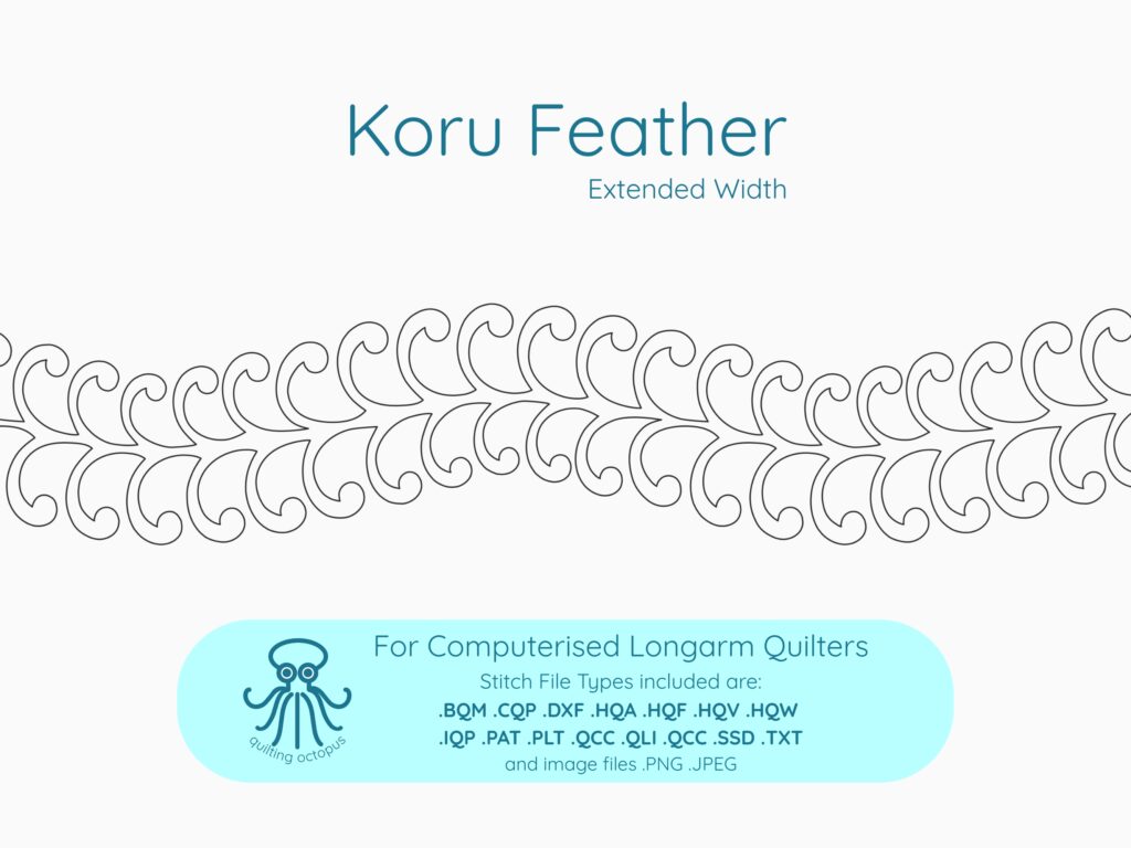 single line drawing of digital longarm quilting pantograph with koru feather swirls in an extended width edge-to-edge design