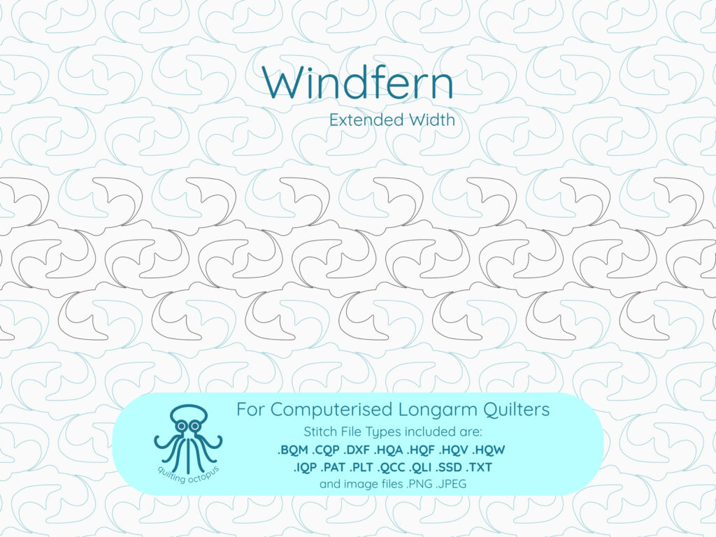Windfern pantograph digital quilting design featuring graceful, fern-inspired curves in a continuous line pattern, ideal for edge-to-edge quilting on longarm machines.