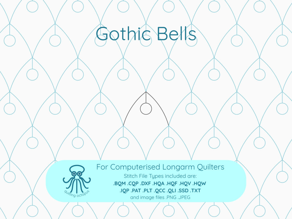 Gothic Bells digital pantograph quilting design showing repeated gothic arch pattern with black stitch path for computerized longarm quilting