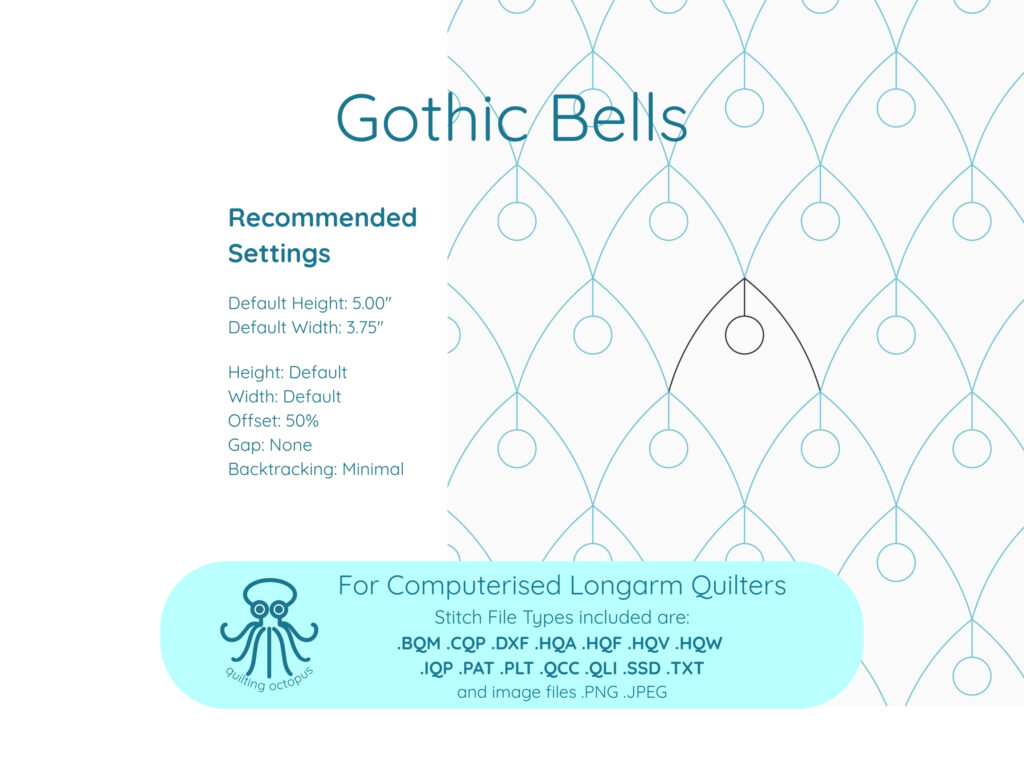 Gothic Bells digital pantograph quilting design showing how to set up for optimal look