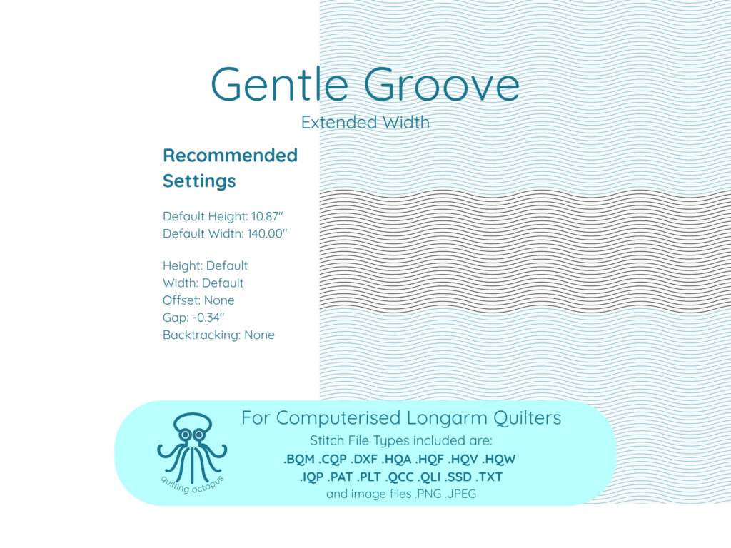 Hero banner for 'Gentle Groove' with 'Recommended Settings' text on the left and a teal wavy pattern on the right, introducing longarm quilting tools