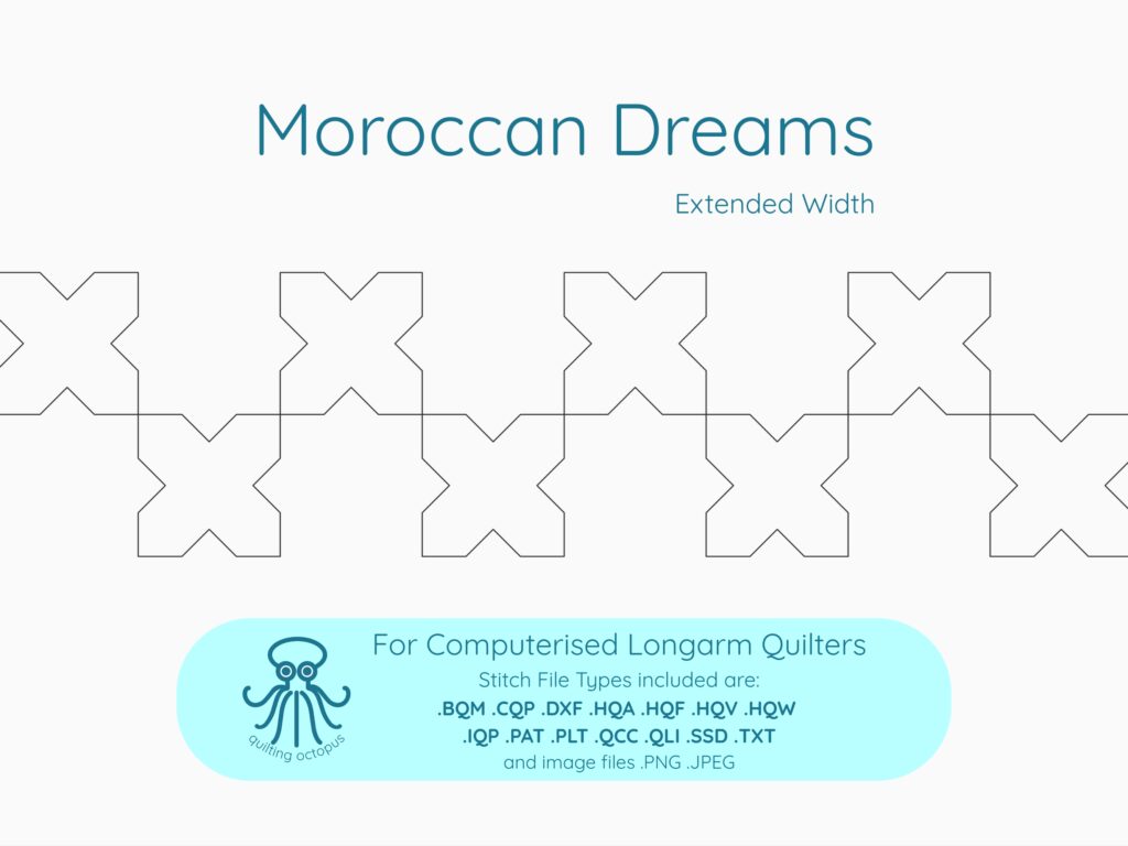 Single Image of Moroccan Dreams Pantograph For Computerised Longarm Quilters Stitch File Types included are: .BQm.cQP.DxF.HQA.HQF.HQV.HQW .IQP PAT .PLT .QCC .QLI .SSD .TXT