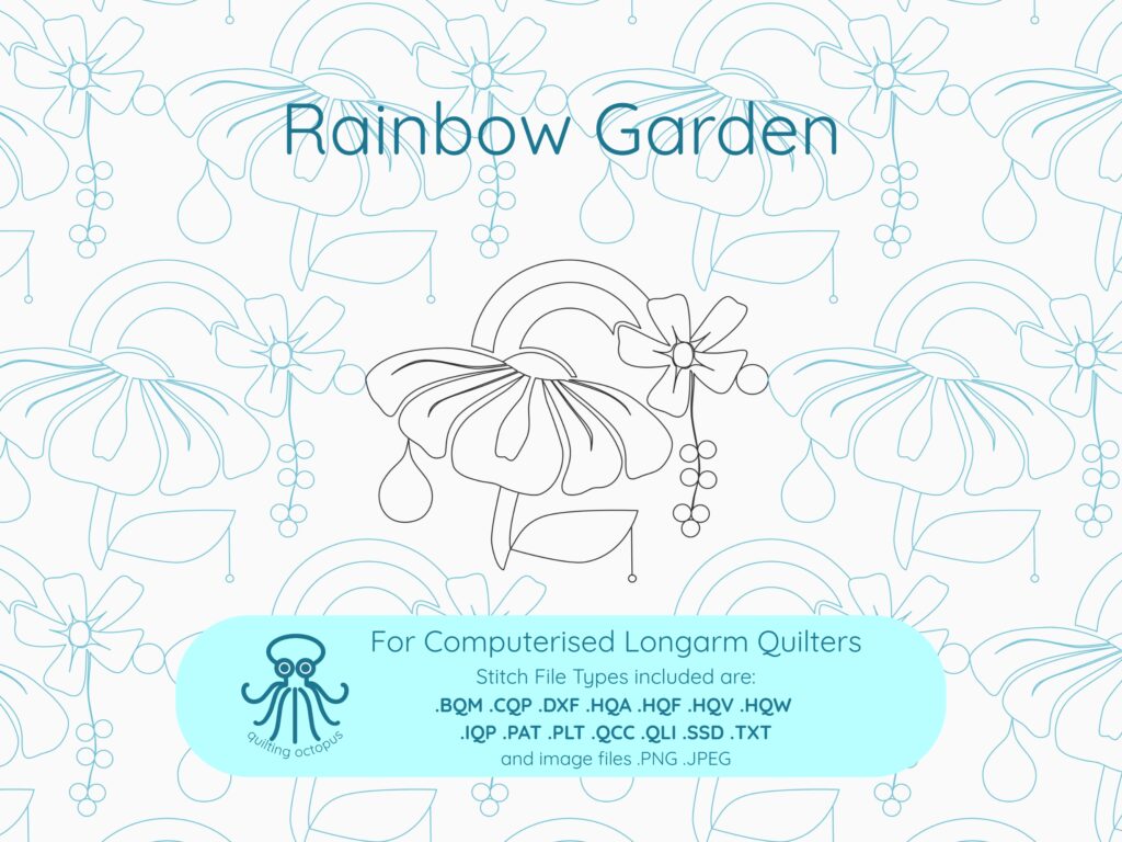 Rainbow Garden digital quilting pantograph featuring floral rainbows for longarm quilt designs
