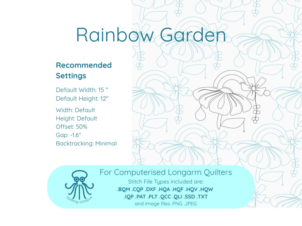 Rainbow Garden longarm quilting pattern sheet with design layout and setup details.